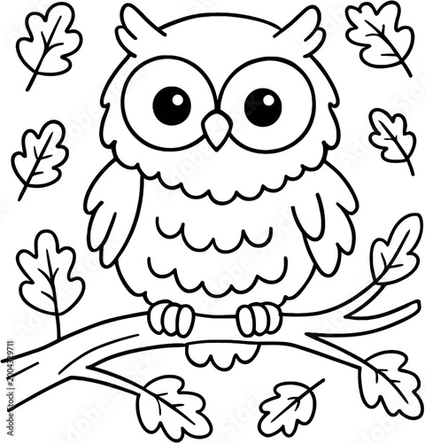 A cartoon owl sitting on a branch surrounded by leaves in a simple black line drawing style on a white background.