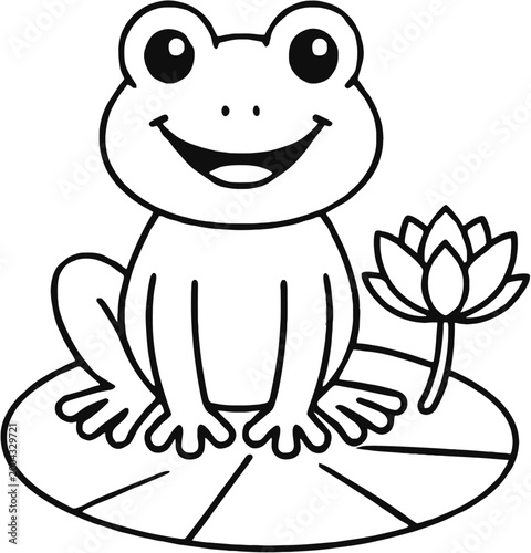 A cartoon frog sitting on a lily pad next to a lotus flower in a simple black line drawing style against a white background.
