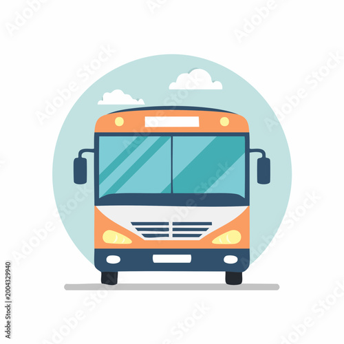 Front view of a modern orange bus with blue windows and clouds
