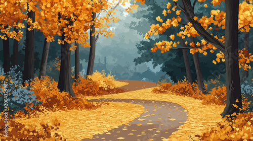 A vibrant, animated illustration of an autumn forest path winding through trees covered with colorful leaves