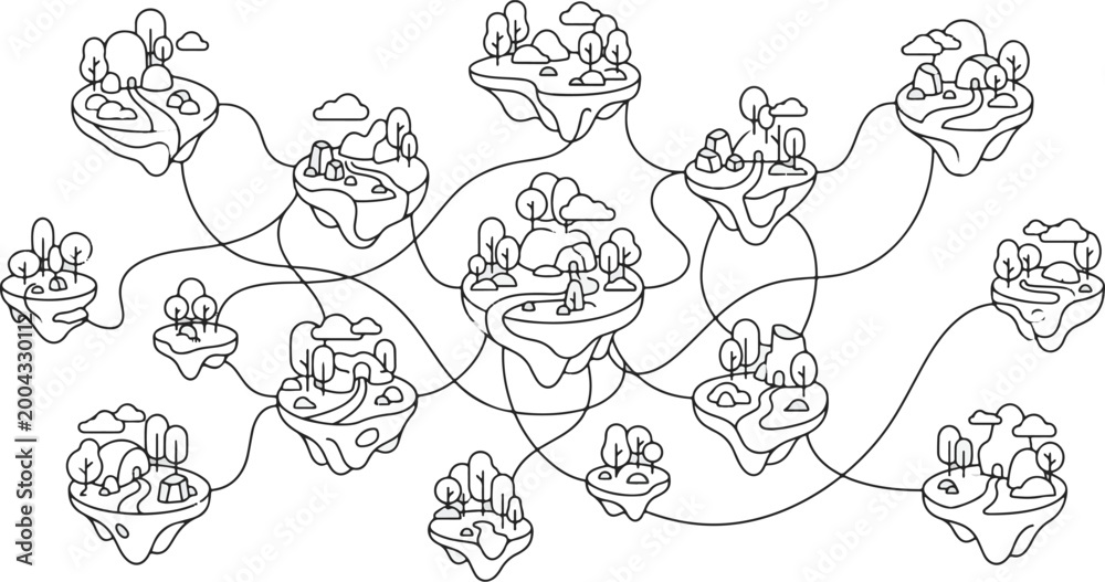 Obraz premium Minimalist vector illustration showing multiple floating islands connected by thin lines in a network concept art