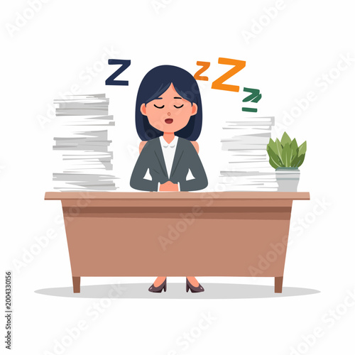 Tired businesswoman sleeping at her desk with stacks of paperwork
