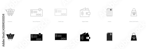 eCommerce  business icons in line and fill style. editable vector illustration for Checkout, Secure Payment, Credit Card, Digital Wallet, Invoice, Order Confirmation. on transparent background 