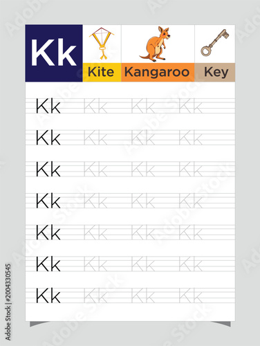 Letter K worksheet for kids, tracing uppercase lowercase, K for Kite printable preschool handwriting practice sheet