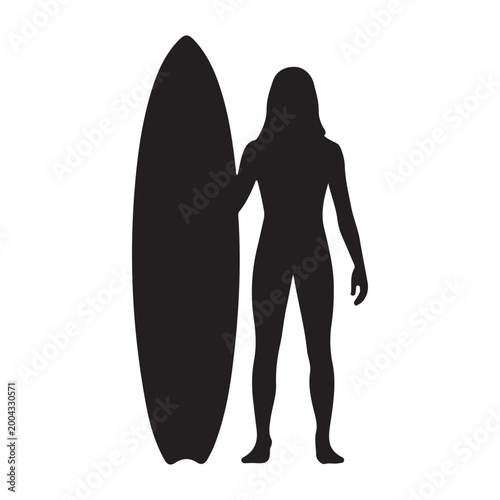 Silhouette of a female surfer standing with a surfboard for beach and travel design.