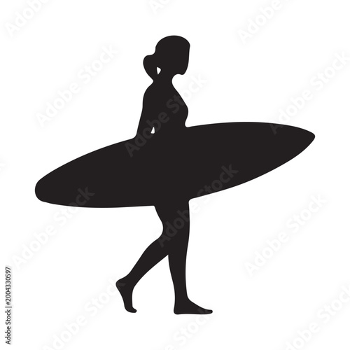 Female surfer silhouette walking and carrying surfboard for summer sports concept.
