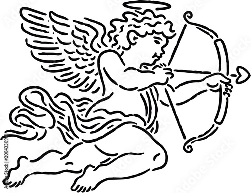 Vintage Cupid Angel Aiming Bow and Arrow Woodcut Illustration