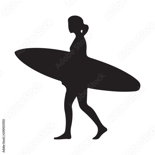Female surfer silhouette walking and carrying surfboard for summer sports concept.

