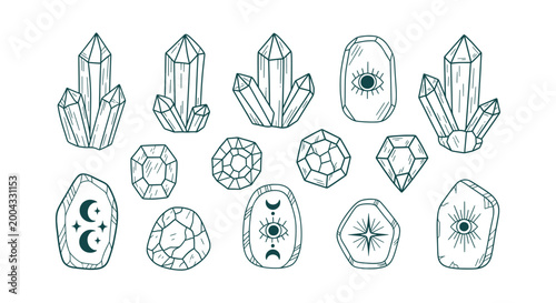 Konstfotografi Mystical Crystal Cluster and Gemstone Line Art Collection with Esoteric Eye and