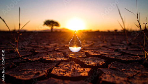  large water droplet shape over cracked dry earth texture