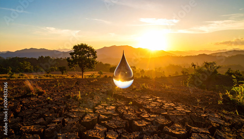  large water droplet shape over cracked dry earth texture