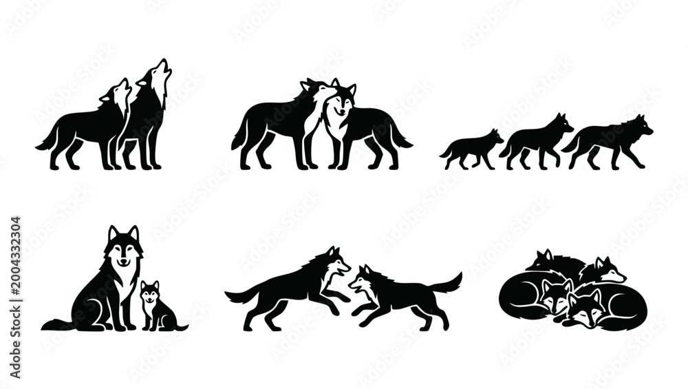 Fototapeta premium Wolf Silhouette Set Vector Collection, Black Animal Icons for Branding, Playful Wolves Playing and Howling Isolated on White Background for Wildlife Logo Design and Nature Conservation Graphic Project