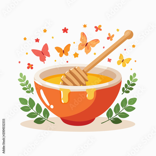 Bowl of Honey with Honey Dipper and Butterflies