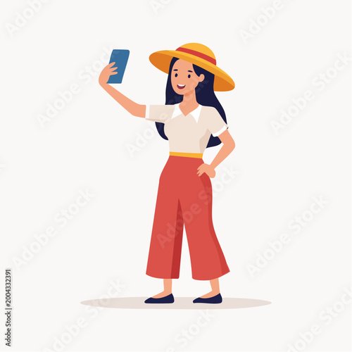 Woman in Hat Taking a Selfie with Smartphone