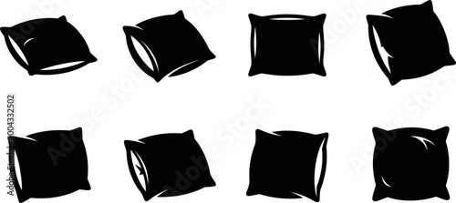 Set of black silhouette pillows isolated on transparent background vector illustration.