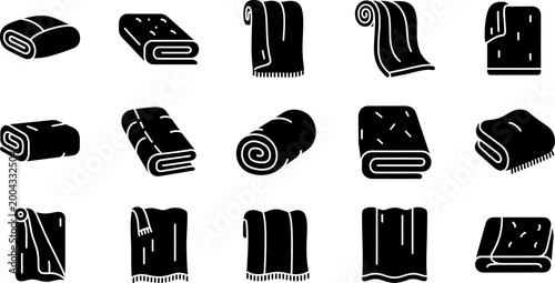 Set of black silhouette towels isolated on transparent background vector illustration.