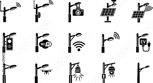 Smart street light black silhouette icon set isolated on transparent background vector illustration.