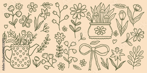 Hand drawn spring floral doodle and botanical element set. Collection of cute flower sketches in pots and watering can