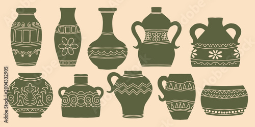Hand drawn ancient pottery and decorative vases collection. Set of vintage greek and roman style clay pot illustrations