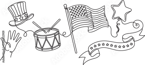 Continuous line drawing of patriotic American holiday symbols including a hat drum flag and balloon