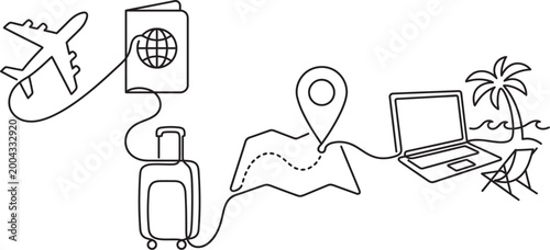 Illustrative depiction of travel planning and a tropical vacation with digital connectivity