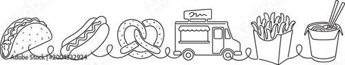 Outline illustration of various fast food items and a food truck connected by lines