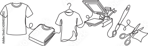 Custom Tshirt printing process with heat press machine and craft tools depicted as line art