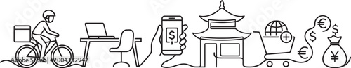 Modern business and finance concepts represented by a continuous line drawing including delivery and online shopping