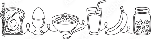 Wholesome continuous line drawing of a healthy breakfast spread including toast egg cereal drink banana and jar