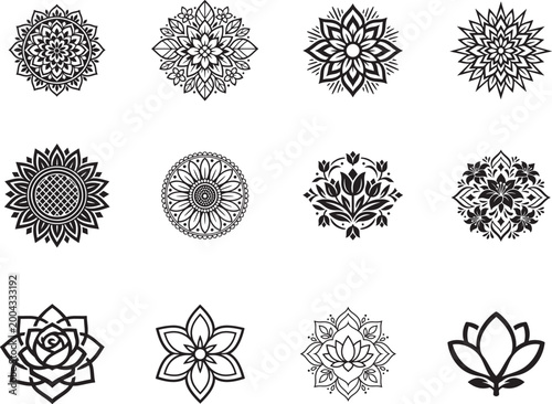 Minimalist floral mandala line art set for coloring books with simple patterns on white background.