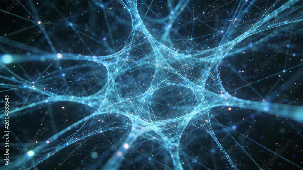 Fototapeta premium Neural Network in Cosmos: A stunning visual representation of a neural network, a complex web of interconnected nodes and synapses, set against the backdrop of the cosmos.