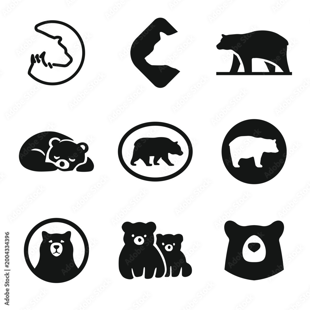 Obraz premium Set of Bear Logos, Flat Vector Icons