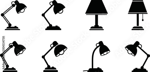 Desk lamp icon set featuring various styles of adjustable table light for home office decor.