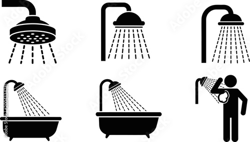 Set of bathroom shower icons with running water and a person washing in the shower stalls.