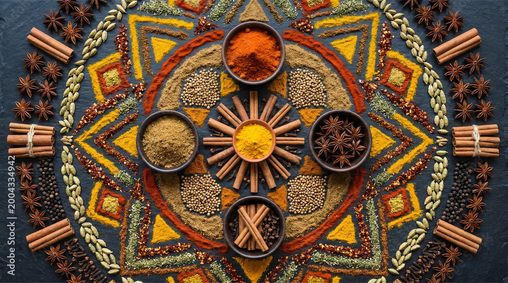Obraz premium Colorful arrangement of various spices and herbs in bowls creating an intricate mandala pattern showcasing the beauty of natural ingredients in cooking and food preparation