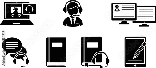 Online education icons laptop computer person with headset books and tablet with pen.