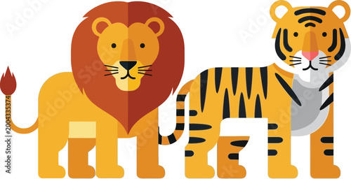 Lion and tiger set wild big cats cartoon safari animals vector illustration collection isolated
