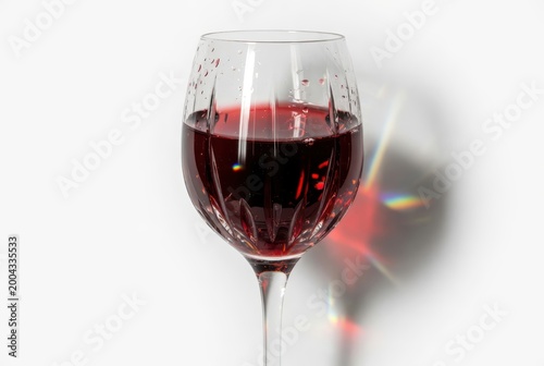 Elegant Red Wine Glass with Reflections and Water Droplets