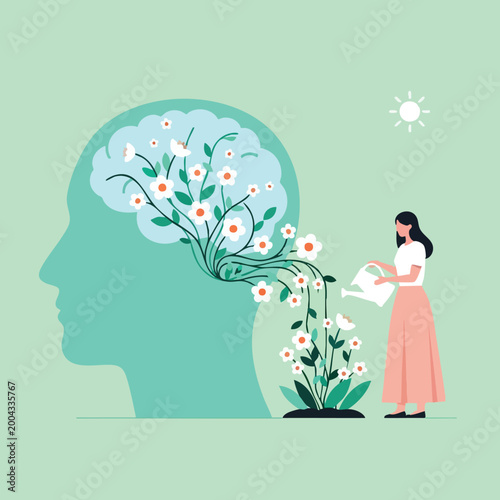 Mental Health Growth Illustration. Woman Watering Brain Flowers. Flat Design Psychology Concept.