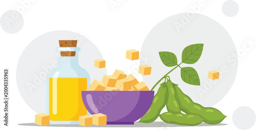 Soybeans with oil and tofu cubes set plant based protein ingredients healthy food vector illustration