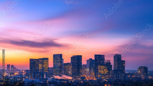 city skyline at dusk with colorful sky and skyscrapers