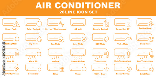 Air Conditioning line icon set featuring AC unit, remote, fan, temperature, snowflake, filter, maintenance, ventilation, installation, and thermometer. 28 HVAC UI, Cooling, Heating, Smart AC Controls