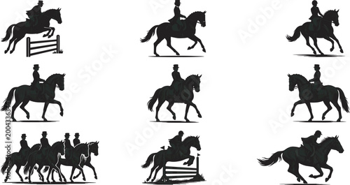 Tableau sur toile Black silhouette vector illustration of horse riders in equestrian poses includi