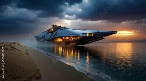A futuristic boat floating on top of a body of water