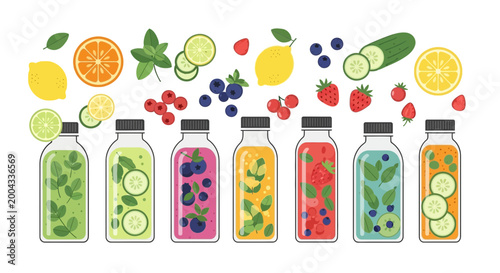 Vibrant infographic showcasing various fruit and vegetable infused water bottles with fresh ingredients arranged above them on a clean surface.