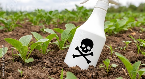 White spray bottle with warning skull and crossbones symbol sitting in dirt soil among green young vegetable plants representing environmental hazard toxic chemicals pesticide usage and safety risks.