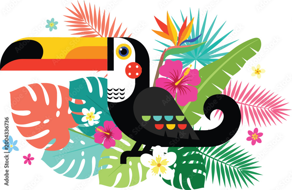 Naklejka premium Colorful illustration of a toucan bird surrounded by tropical leaves and flowers in a vibrant jungle setting with bright colors