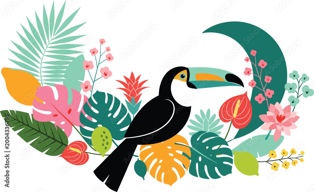 Obraz premium Colorful illustration of a toucan bird surrounded by tropical leaves and flowers in a vibrant jungle setting with exotic plants