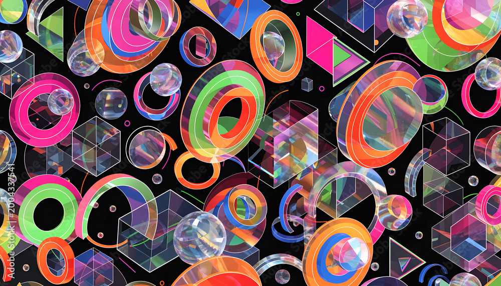 Seamless psychedelic pattern vector featuring a bright texture of colorful circles and floral ornaments for a retro wallpaper tile design