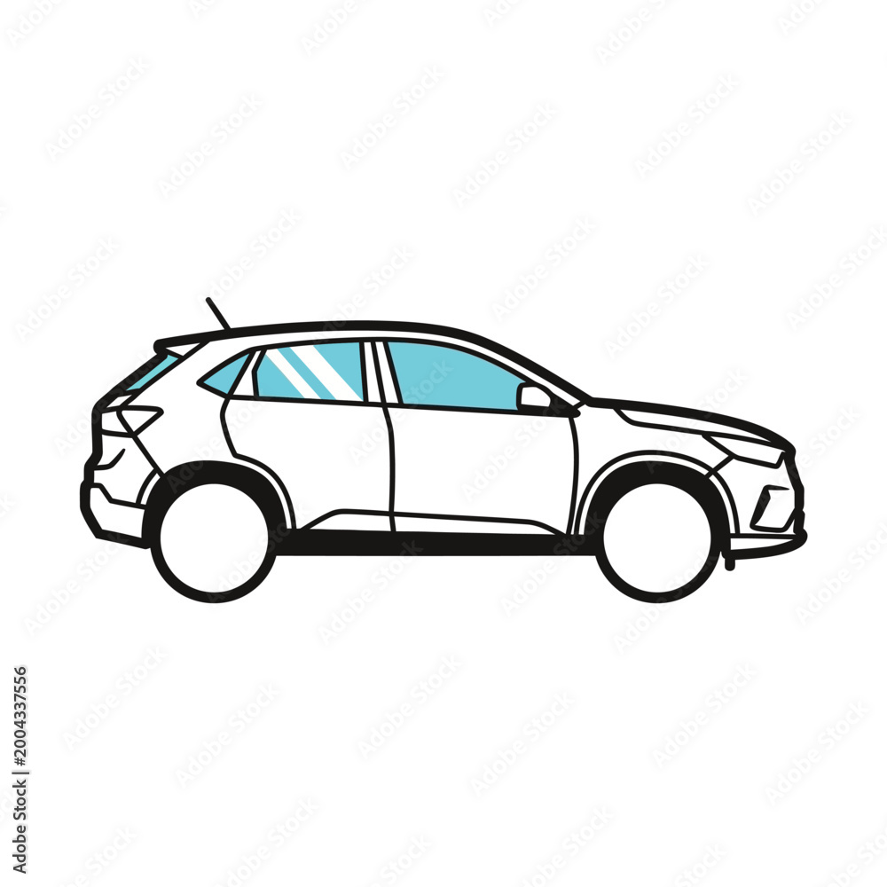 Obraz premium Modern Car Outline Drawing, Simple Vector Illustration, White SUV Side View